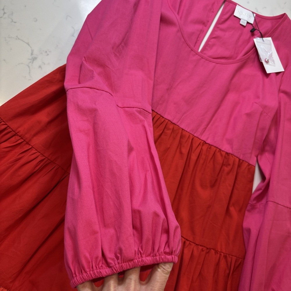 SugarLips In A Heartbeat Color Block Dress Tiered Ruffle Flare Pink Red‎ LG New - Picture 4 of 10